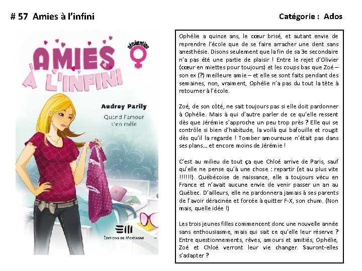 # 57 Amies à l’infini Catégorie : Ados Ophélie a quinze ans, le cœur