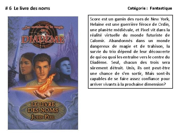 # 6 Le livre des noms Catégorie : Fantastique Score est un gamin des