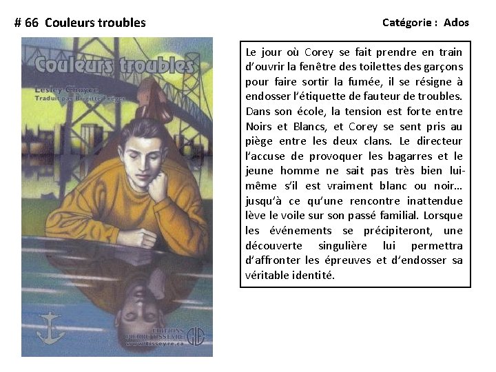 # 66 Couleurs troubles Catégorie : Ados Le jour où Corey se fait prendre