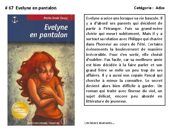 # 67 Evelyne en pantalon Catégorie : Ados Evelyne a seize ans lorsque sa