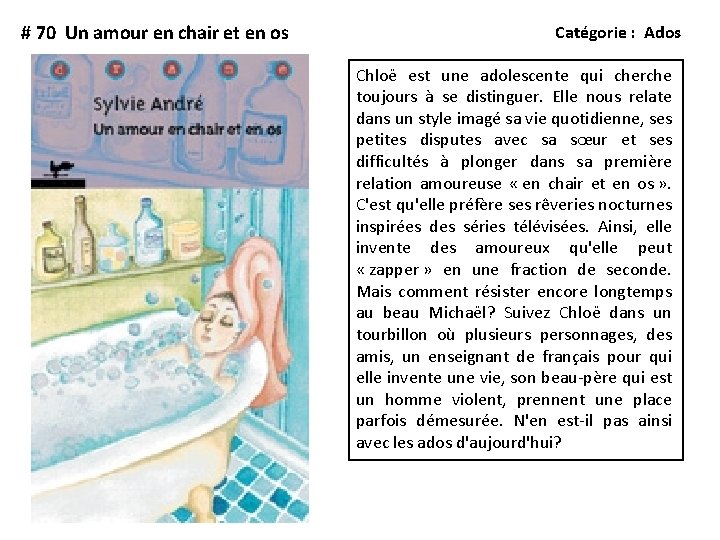 # 70 Un amour en chair et en os Catégorie : Ados Chloë est