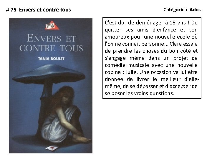 # 75 Envers et contre tous Catégorie : Ados C'est dur de déménager à