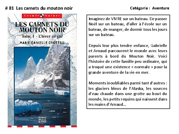 # 81 Les carnets du mouton noir Catégorie : Aventure Imaginez de VIVRE sur