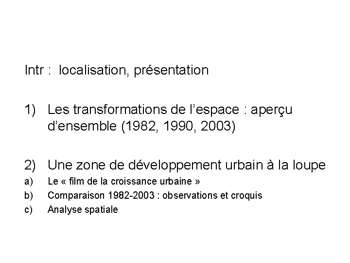 Intr : localisation, présentation 1) Les transformations de l’espace : aperçu d’ensemble (1982, 1990, Intr : localisation, présentation 1) Les transformations de l’espace : aperçu d’ensemble (1982, 1990,