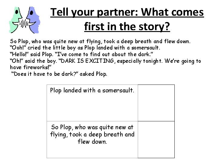 Tell your partner: What comes first in the story? So Plop, who was quite