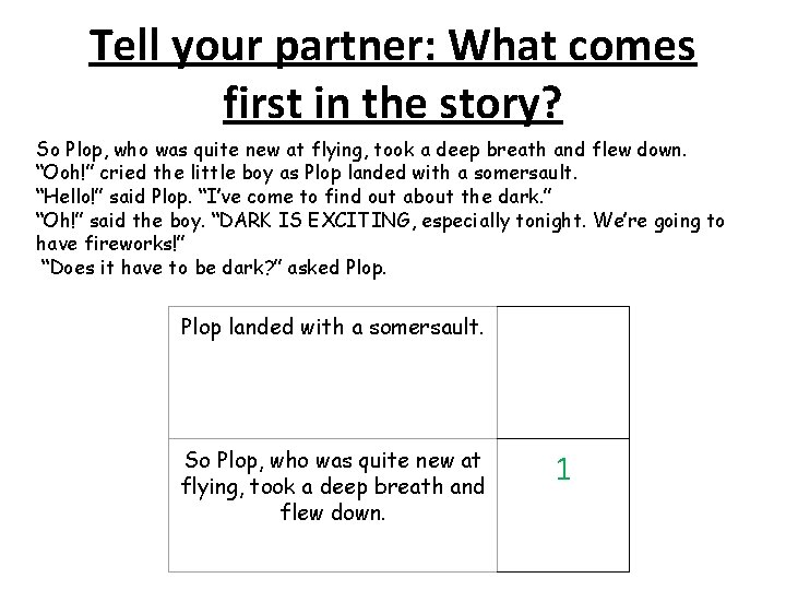 Tell your partner: What comes first in the story? So Plop, who was quite