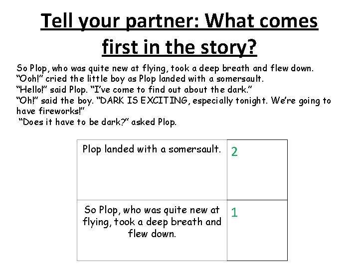 Tell your partner: What comes first in the story? So Plop, who was quite