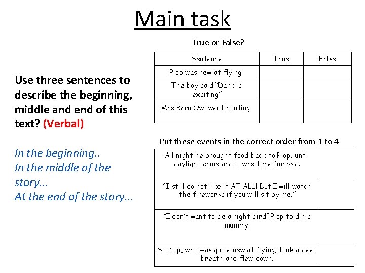Main task True or False? Sentence Use three sentences to describe the beginning, middle