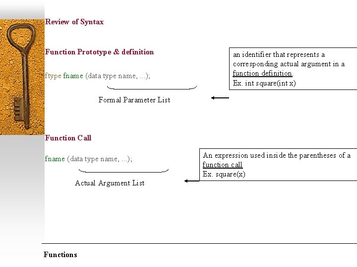 Review of Syntax Function Prototype & definition ftype fname (data type name, . .