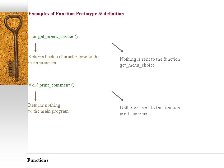 Examples of Function Prototype & definition char get_menu_choice () Returns back a character type