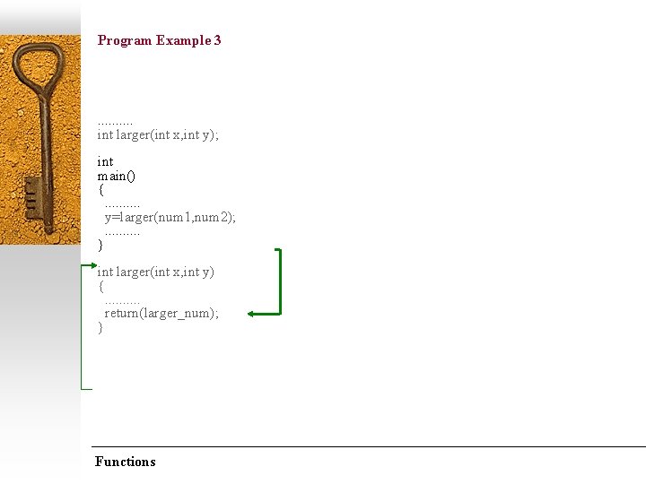 Program Example 3 /* displays the largest of two numbers */. . int larger(int