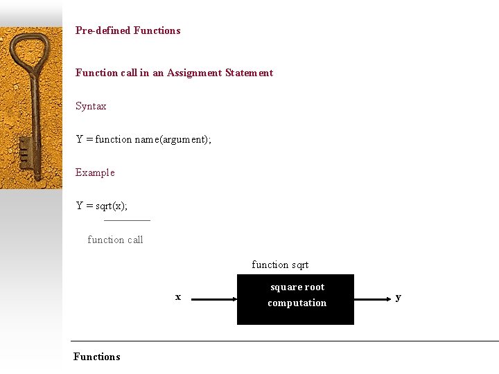 Pre-defined Functions Function call in an Assignment Statement Syntax Y = function name(argument); Example
