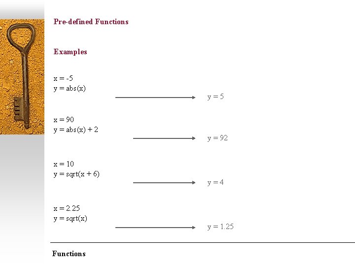 Pre-defined Functions Examples x = -5 y = abs(x) x = 90 y =