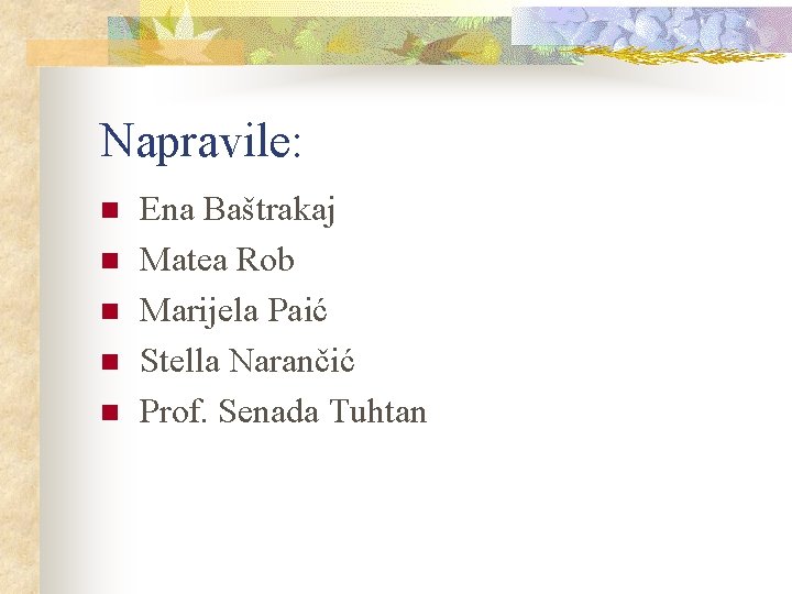 Napravile: n n n Ena Baštrakaj Matea Rob Marijela Paić Stella Narančić Prof. Senada