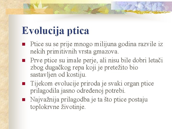 Evolucija ptica n n Ptice su se prije mnogo milijuna godina razvile iz nekih