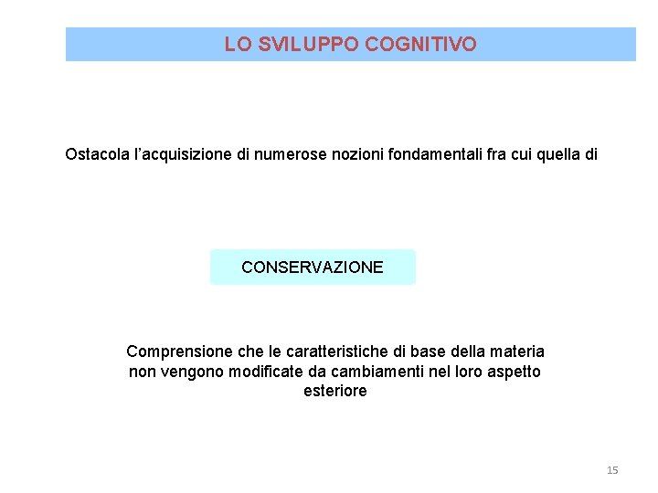 LO SVILUPPO COGNITIVO Ostacola l’acquisizione di numerose nozioni fondamentali fra cui quella di CONSERVAZIONE