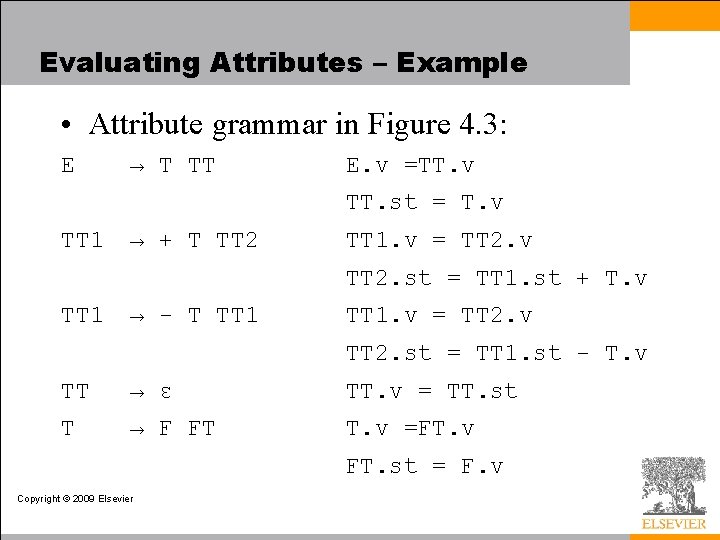 Evaluating Attributes – Example • Attribute grammar in Figure 4. 3: E → T