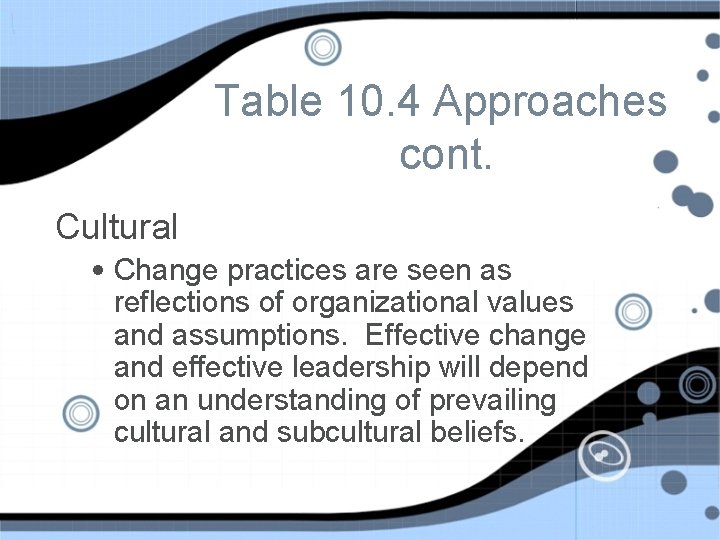 Table 10. 4 Approaches cont. Cultural • Change practices are seen as reflections of