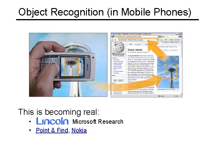 Object Recognition (in Mobile Phones) This is becoming real: • Microsoft Research • Point