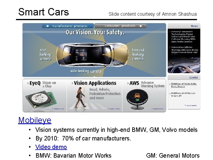 Smart Cars Slide content courtesy of Amnon Shashua Mobileye • • Vision systems currently