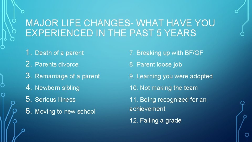 MAJOR LIFE CHANGES- WHAT HAVE YOU EXPERIENCED IN THE PAST 5 YEARS 1. 2. MAJOR LIFE CHANGES- WHAT HAVE YOU EXPERIENCED IN THE PAST 5 YEARS 1. 2.