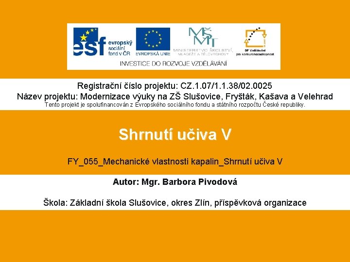 Registrační číslo projektu: CZ. 1. 07/1. 1. 38/02. 0025 Název projektu: Modernizace výuky na