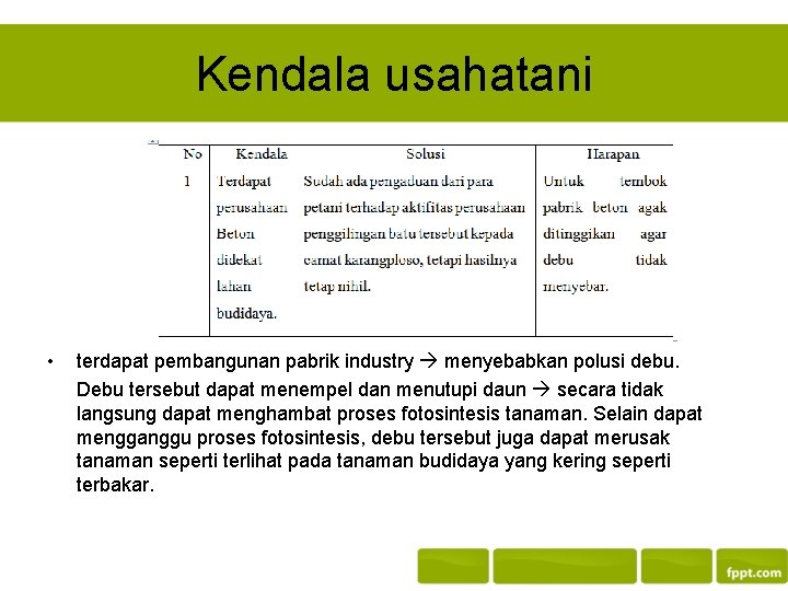 Kendala usahatani • terdapat pembangunan pabrik industry menyebabkan polusi debu. Debu tersebut dapat menempel Kendala usahatani • terdapat pembangunan pabrik industry menyebabkan polusi debu. Debu tersebut dapat menempel
