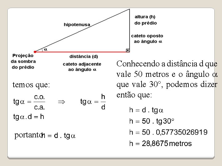 temos que: portanto: Conhecendo a distância d que vale 50 metros e o ângulo