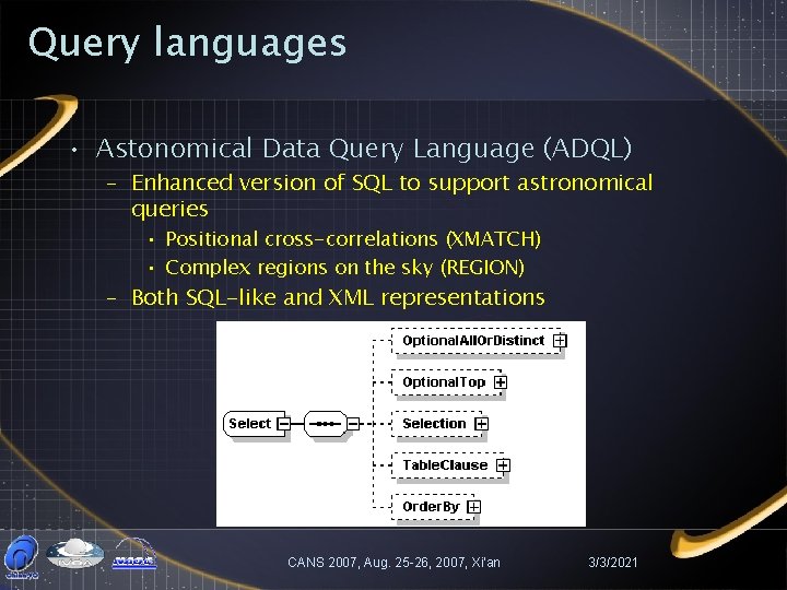 Query languages • Astonomical Data Query Language (ADQL) – Enhanced version of SQL to