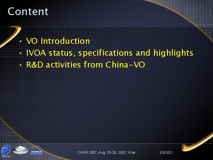 Content • VO Introduction • IVOA status, specifications and highlights • R&D activities from