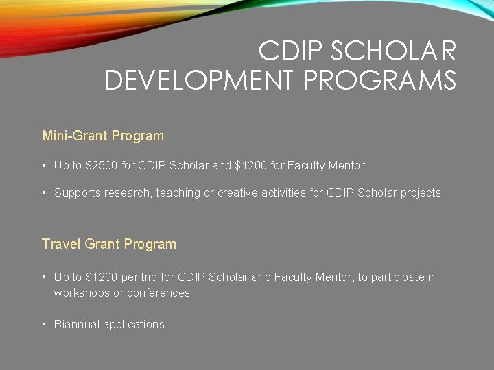 CDIP SCHOLAR DEVELOPMENT PROGRAMS Mini-Grant Program • Up to $2500 for CDIP Scholar and