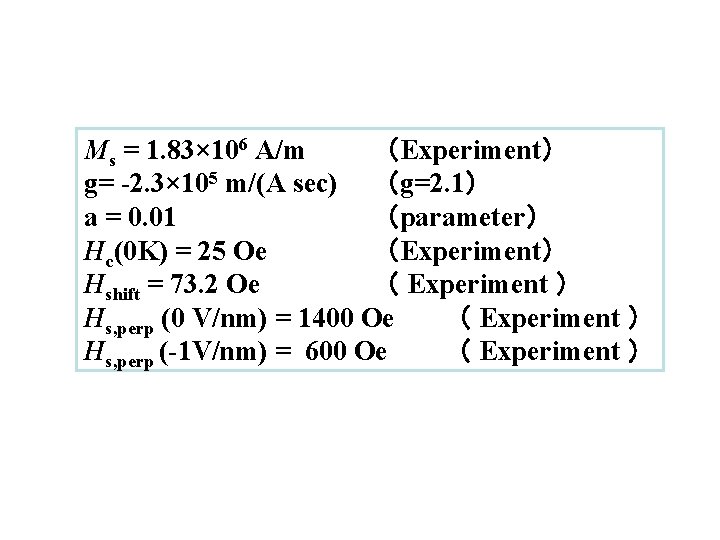 Ms = 1. 83× 106 A/m （Experiment） g= -2. 3× 105 m/(A sec) （g=2.