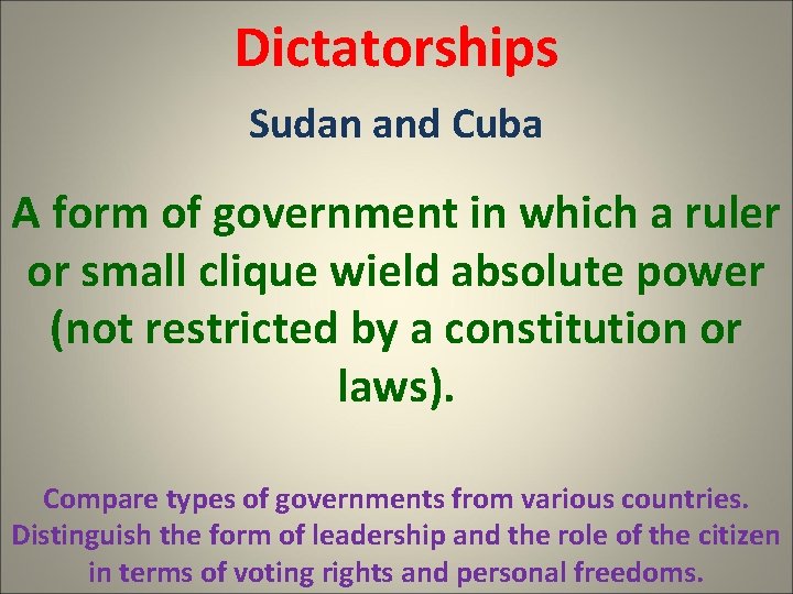 Dictatorships Sudan and Cuba A form of government in which a ruler or small