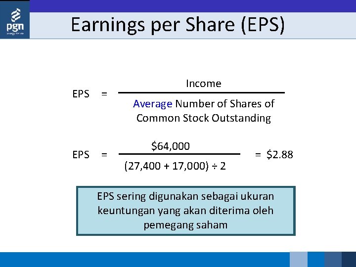 Earnings per Share (EPS) EPS = = Income Average Number of Shares of Common