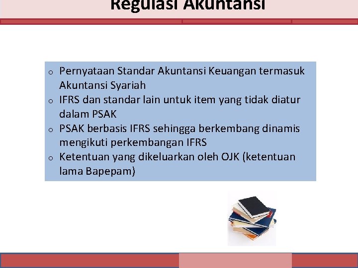 Regulasi Akuntansi o o Pernyataan Standar Akuntansi Keuangan termasuk Akuntansi Syariah IFRS dan standar