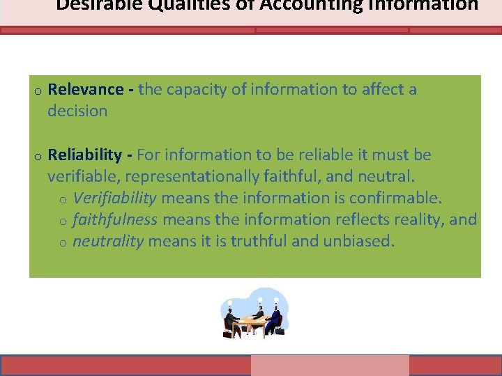 Desirable Qualities of Accounting Information o Relevance - the capacity of information to affect