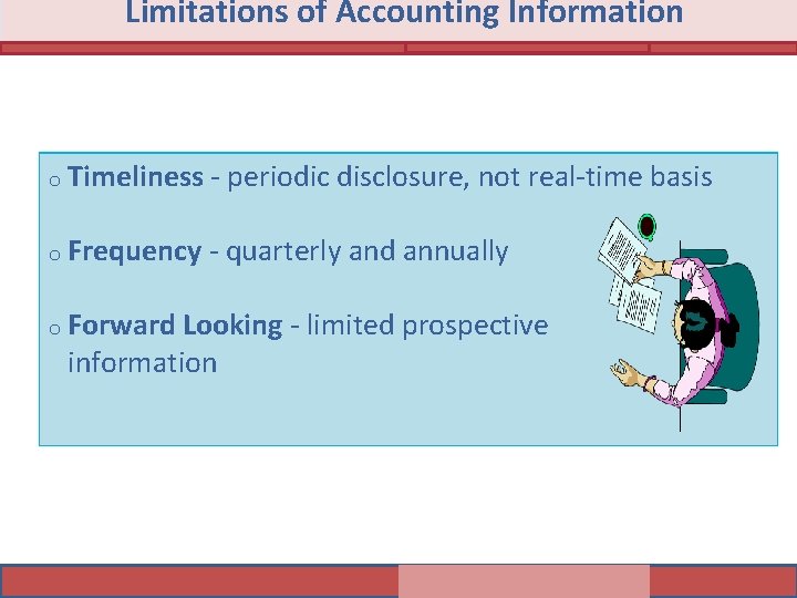 Limitations of Accounting Information o Timeliness periodic disclosure, not real time basis o Frequency