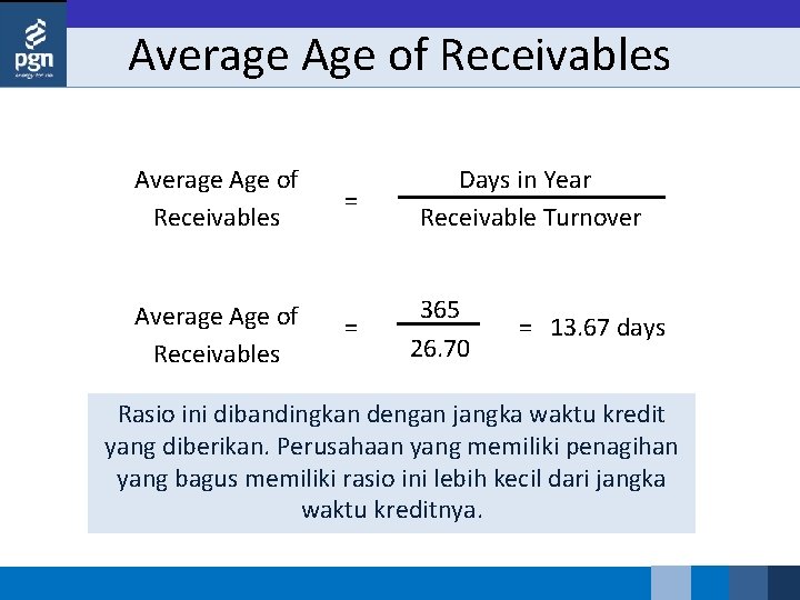 Average Age of Receivables = = Days in Year Receivable Turnover 365 26. 70