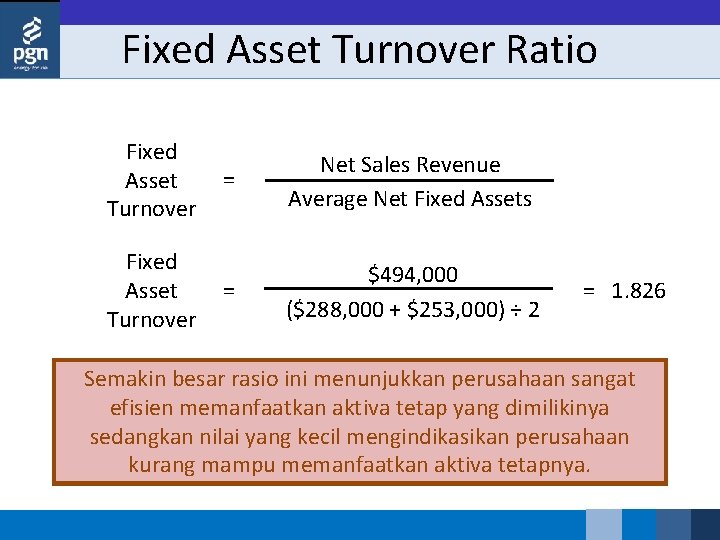 Fixed Asset Turnover Ratio Fixed Asset Turnover = Net Sales Revenue Average Net Fixed