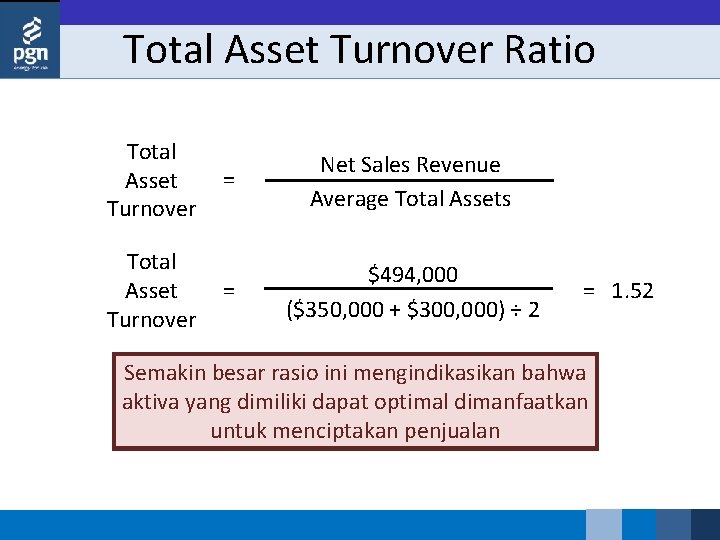 Total Asset Turnover Ratio Total Asset Turnover = Net Sales Revenue Average Total Assets