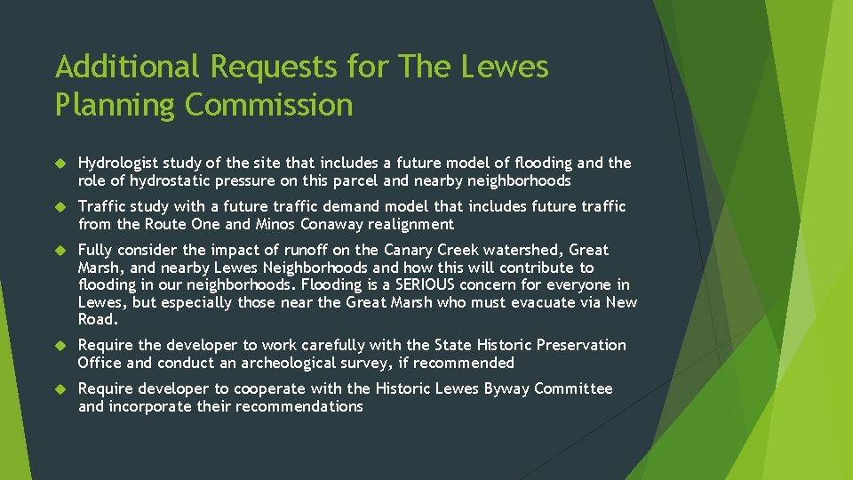 Additional Requests for The Lewes Planning Commission Hydrologist study of the site that includes