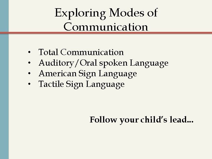 Exploring Modes of Communication • • Total Communication Auditory/Oral spoken Language American Sign Language