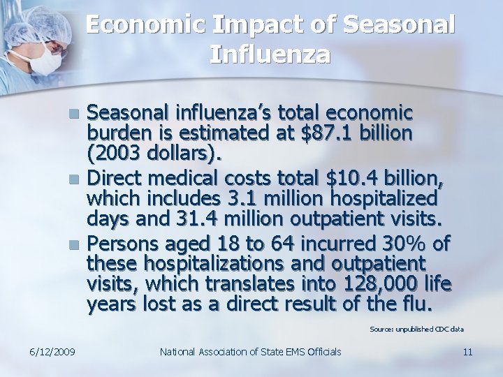Economic Impact of Seasonal Influenza Seasonal influenza’s total economic burden is estimated at $87.