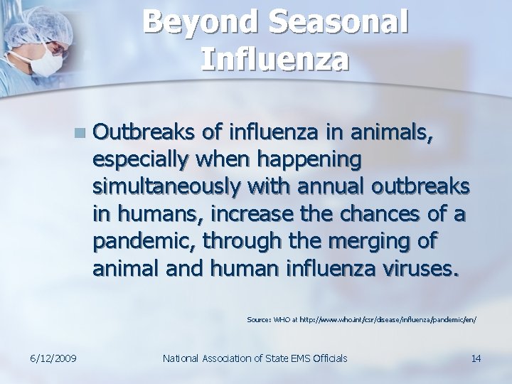 Beyond Seasonal Influenza n Outbreaks of influenza in animals, especially when happening simultaneously with