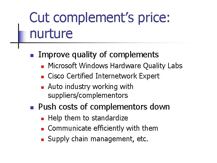 Cut complement’s price: nurture n Improve quality of complements n n Microsoft Windows Hardware