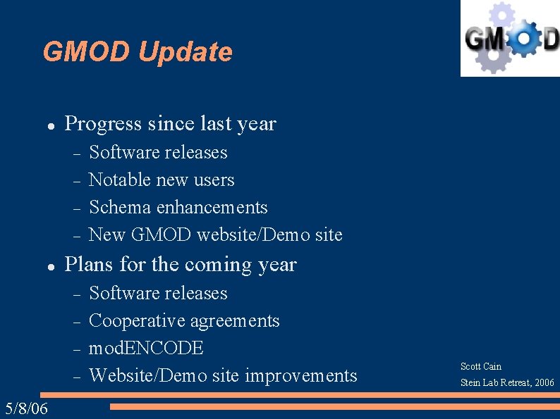 GMOD Update Progress since last year Plans for the coming year 5/8/06 Software releases