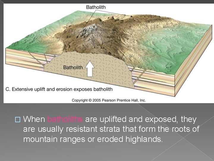 � When batholiths are uplifted and exposed, they are usually resistant strata that form