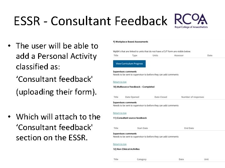ESSR - Consultant Feedback • The user will be able to add a Personal
