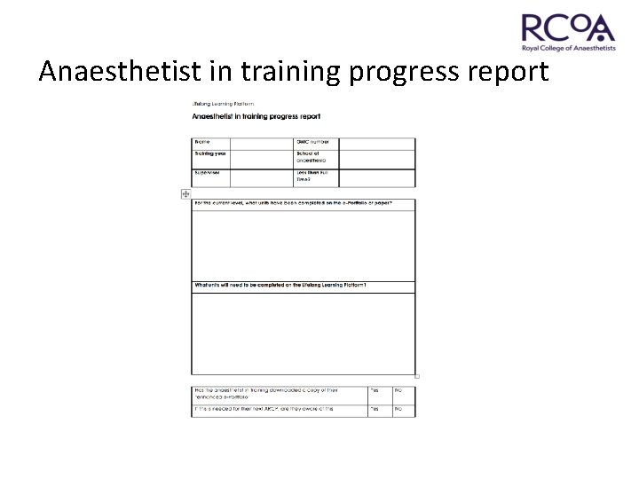 Anaesthetist in training progress report 