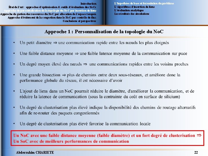 Introduction État de l’art : approches d’optimisation & outils d’évaluation des No. Cs Approche